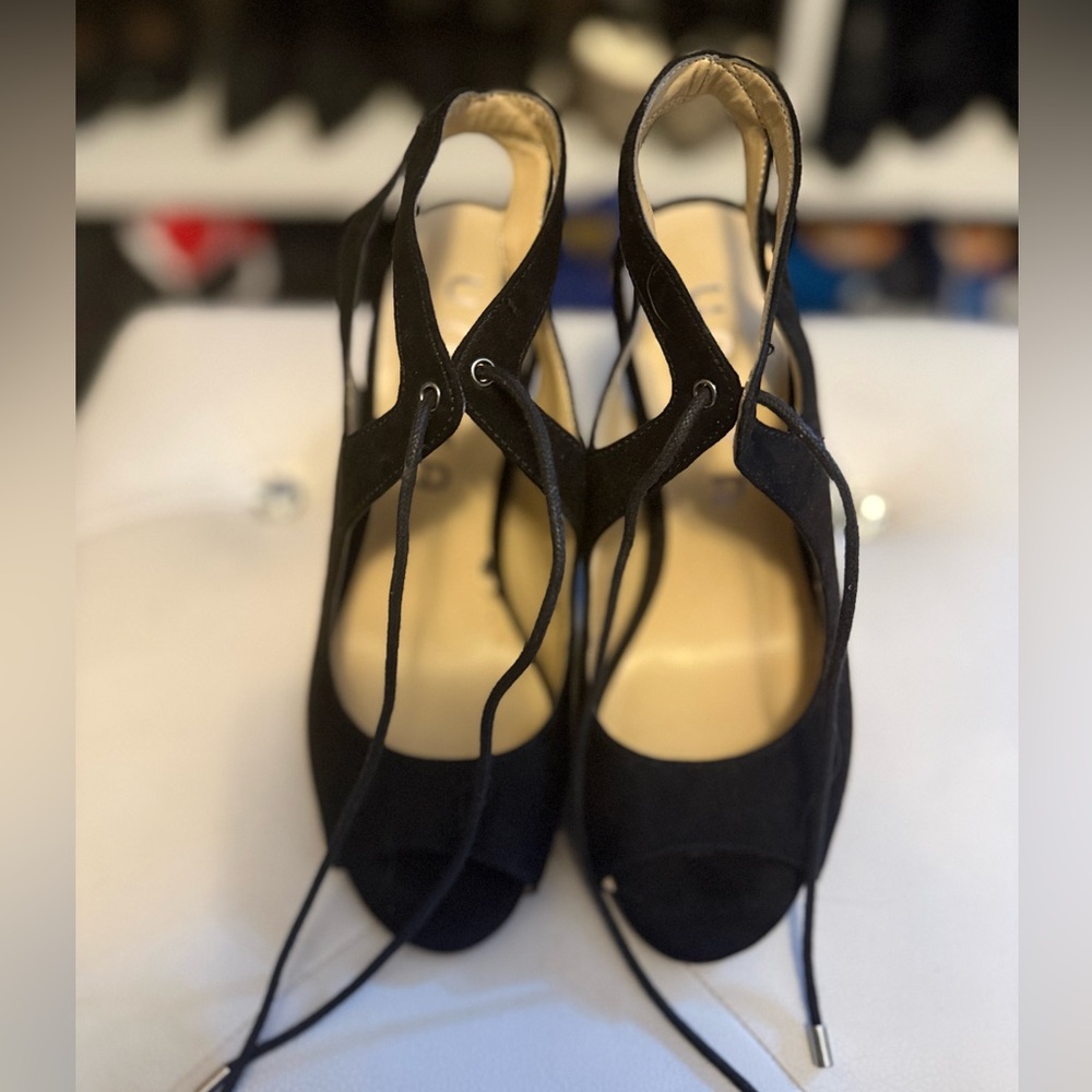 Unisa Black Suede Lace Up Peep Toe Heel, 6.5